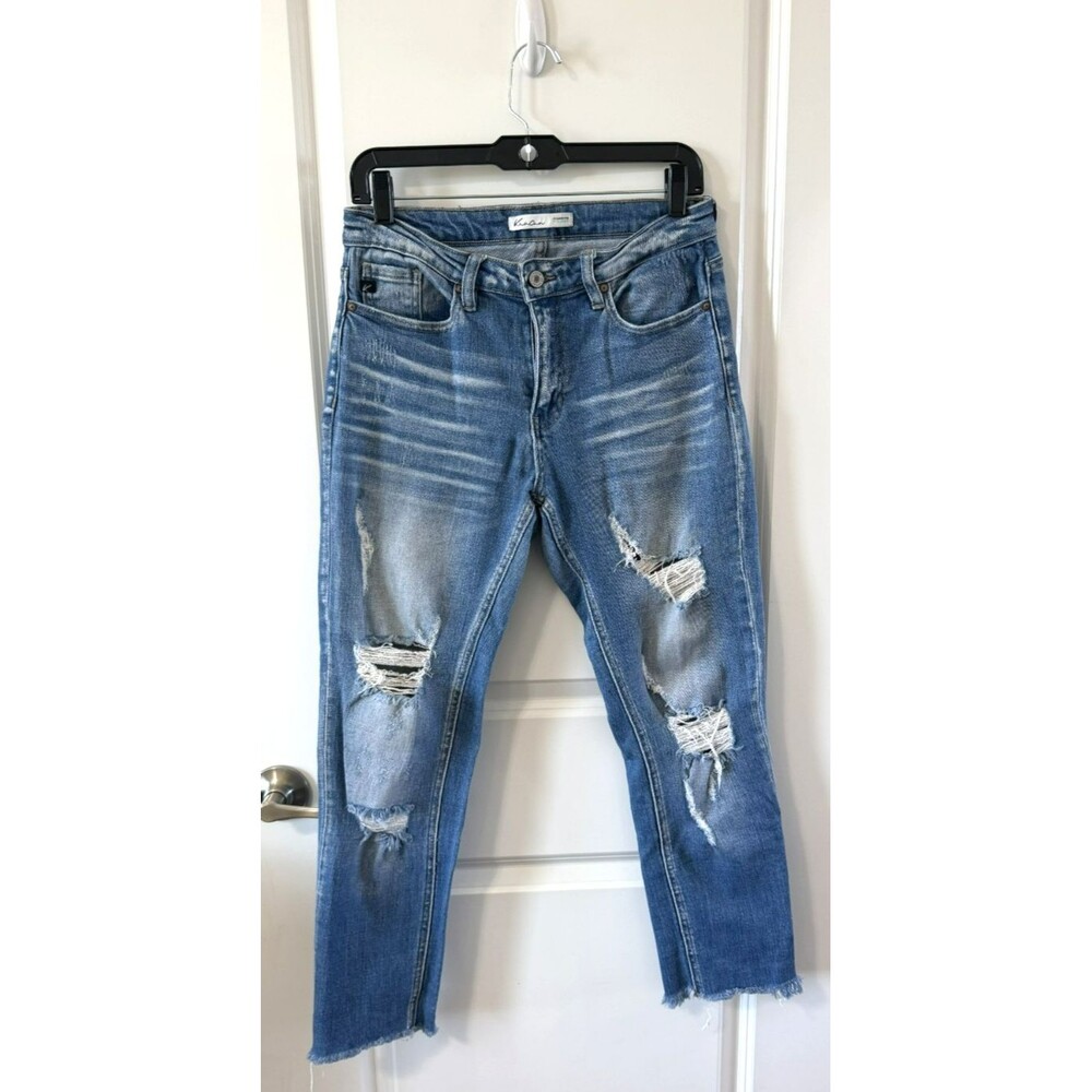 KanCan Signature Mom Fit Distressed Raw hem Jeans Medium Wash Blue Size 27